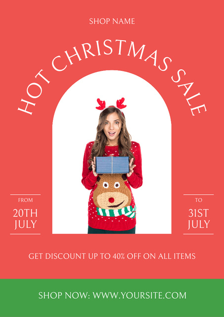 July Christmas Sale Announcement with Woman showing Gift Flyer A4 Tasarım Şablonu