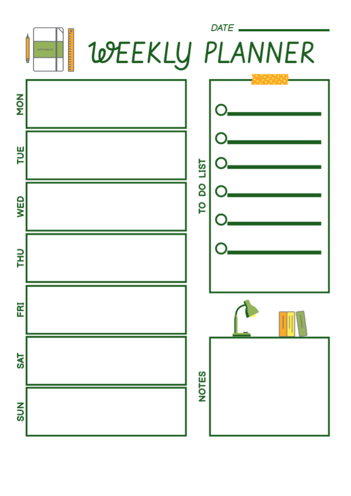 Template di design School Weekly Planner with Lamp and Books Schedule Planner