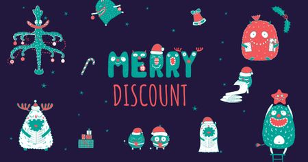 Discount Offer with Cute Christmas Characters Facebook AD Design Template