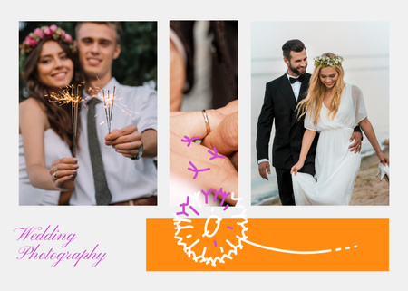 Layout de oferta de fotos de casamento em laranja Postcard 5x7in Modelo de Design