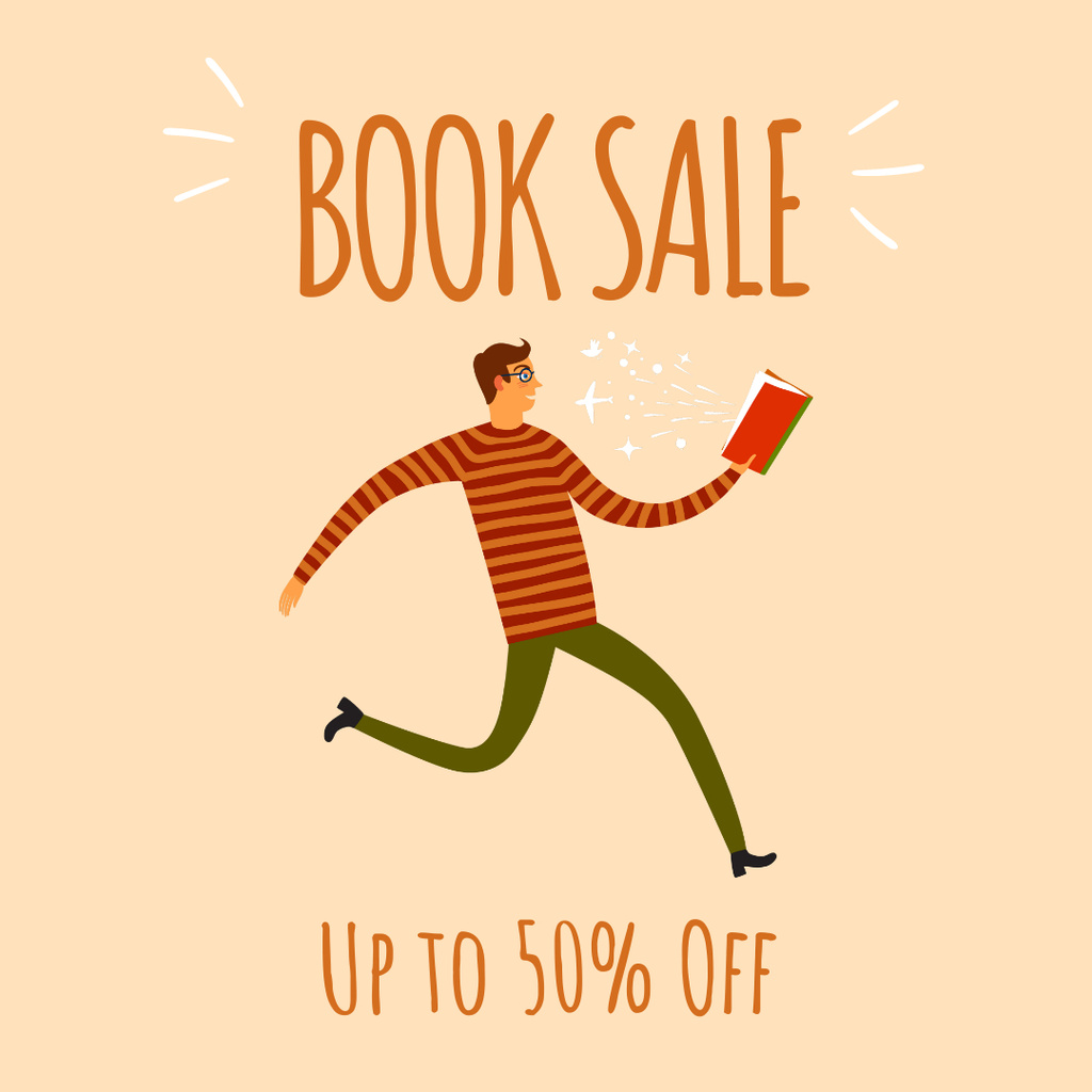 Ontwerpsjabloon van Instagram van Man Running with Book for Literature Sale Anouncement 