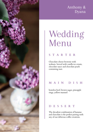 Designvorlage Wedding Course List with Lilac Flowers für Menu