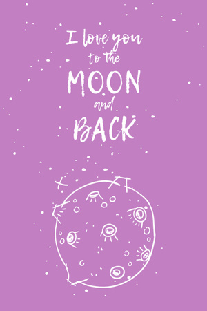 Love Phrase With Cute Sketch Of Moon on Lilac Postcard 4x6in Vertical Design Template