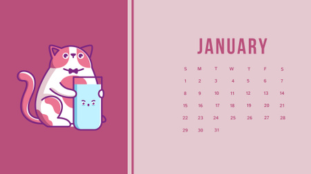 Illustration of Cute Cat on Pink Calendar Tasarım Şablonu