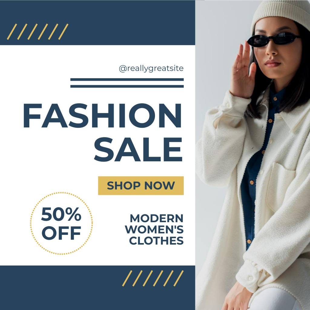 Fashion Sale for Women with Woman in Stylish Sunglasses Instagram Design Template