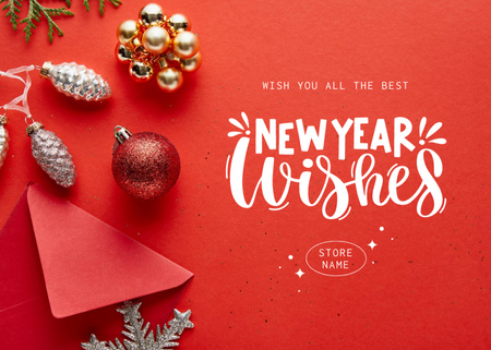 New Year Greetings with Baubles In Red Postcard 5x7in Design Template