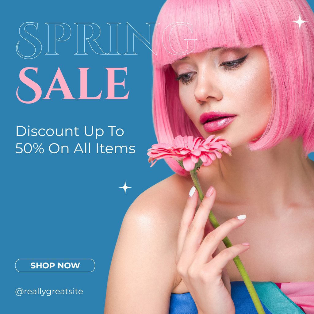 Spring Sale with Young Woman with Pink Hair Instagram Design Template