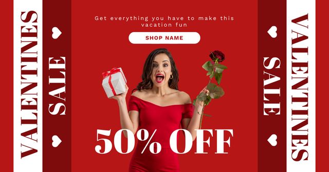 Modèle de visuel Valentine's Day Sale Announcement with Surprised Woman with Red Roses - Facebook AD