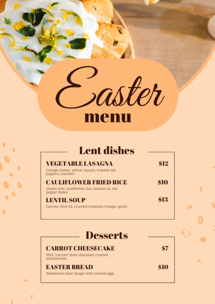 Festive Dishes Offer with Sweet Easter Cake Menu Πρότυπο σχεδίασης