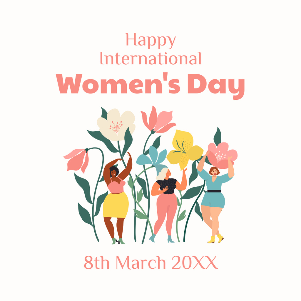 Ontwerpsjabloon van Instagram van Illustrated Women on National Women's Day Congrats with Flowers