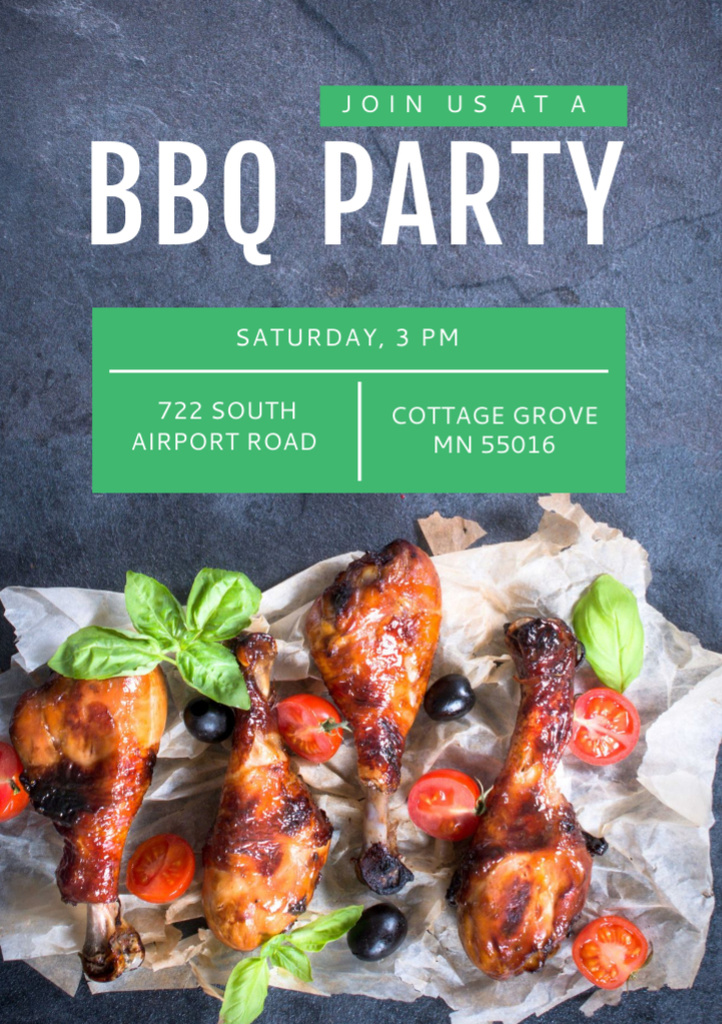BBQ Party Invitation with Grilled Chicken Flyer A7 Design Template