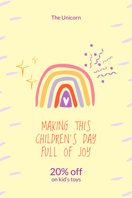 Szablon projektu Children's Day Offer with Rainbow in Yellow Postcard 4x6in Vertical