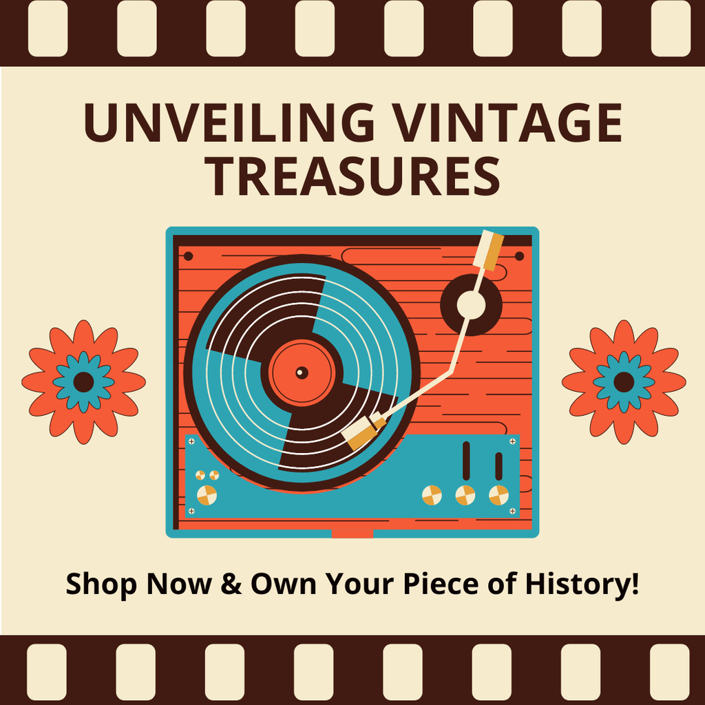 Modèle de visuel Nostalgic Turntable With Vinyl Recordings Offer In Antique Store - Instagram AD