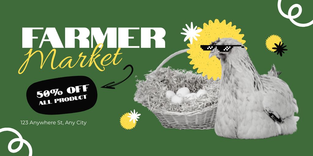 Farmer's Market Sale Announcement with Cool Chicken Twitter Modelo de Design
