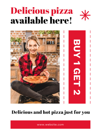 Young Woman Offering Hot Tasty Pizza Poster US Design Template
