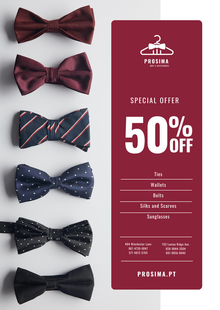 Men's Accessories Sale with Bow-Ties in Row Poster Design Template