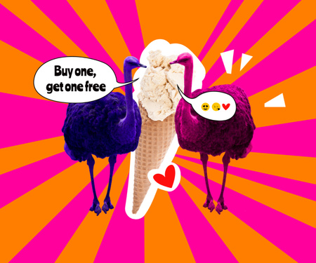 Ontwerpsjabloon van Medium Rectangle van grappige struisvogels eten big ice cream