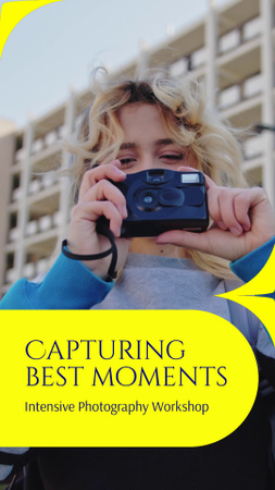 Plantilla de diseño de Taller intensivo de fotografía con cámara en amarillo TikTok Video 