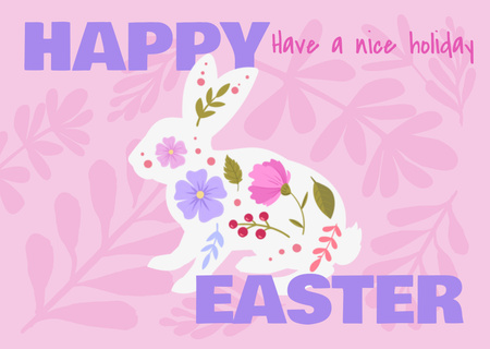 Plantilla de diseño de Saludo de vacaciones de Pascua con conejo floral Card 