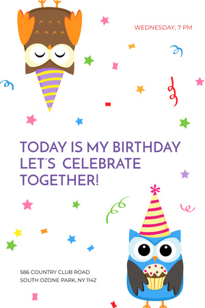 Modèle de visuel Birthday Invitation with Party Owls - Pinterest