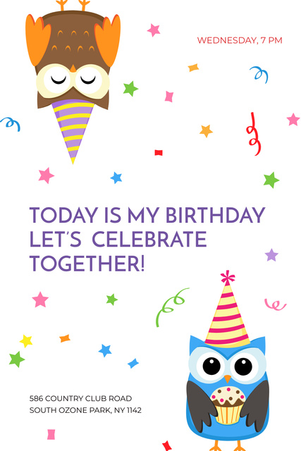 Birthday Invitation with Party Owls Pinterest tervezősablon