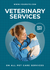 Veterinarian Holds a Dog on Blue Background