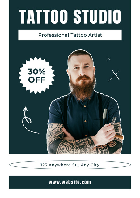 Professional Tattoo Artist In Studio With Discount Offer Poster Tasarım Şablonu