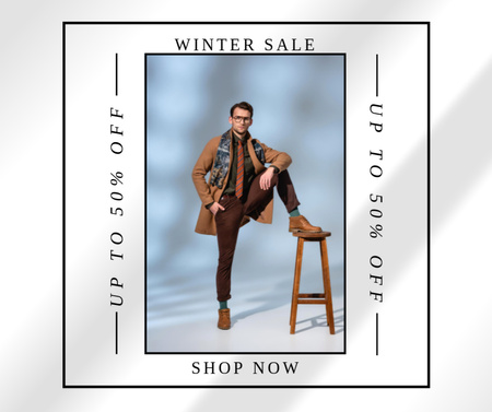 Winter Sale Announcement with Stylish Man in Coat Facebook Design Template