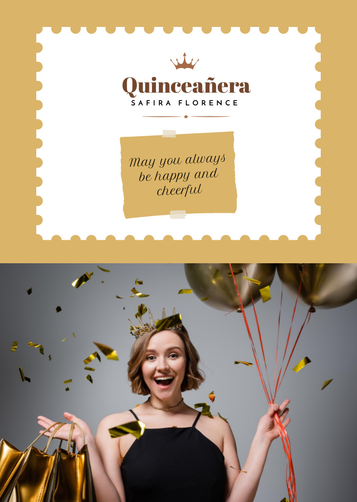 Modèle de visuel Happy Young Woman Celebrating Quinceañera - Postcard A6 Vertical