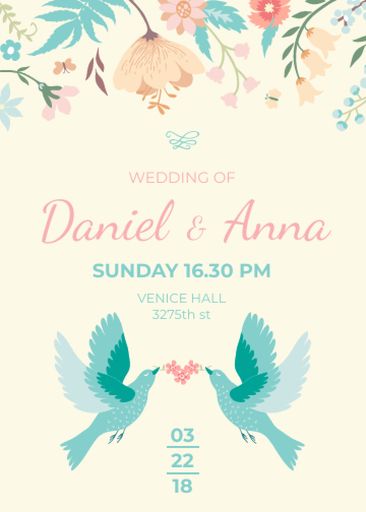 Wedding Invitation With Loving Birds And Flowers 