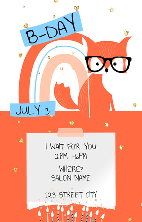 Ανακοίνωση γενεθλίων με το Cute Cartoon Fox Invitation 4.6x7.2in Πρότυπο σχεδίασης