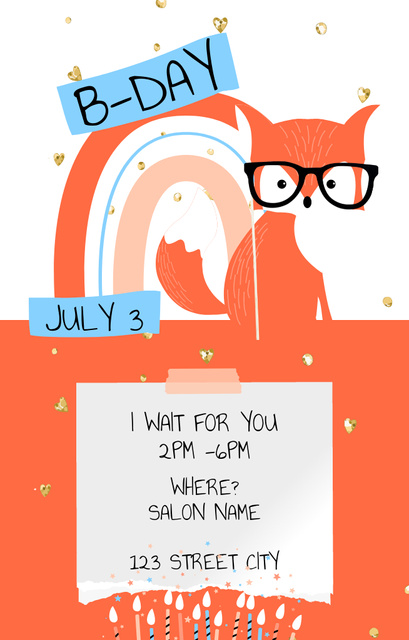 Birthday Announcement with Cute Cartoon Fox Invitation 4.6x7.2in tervezősablon