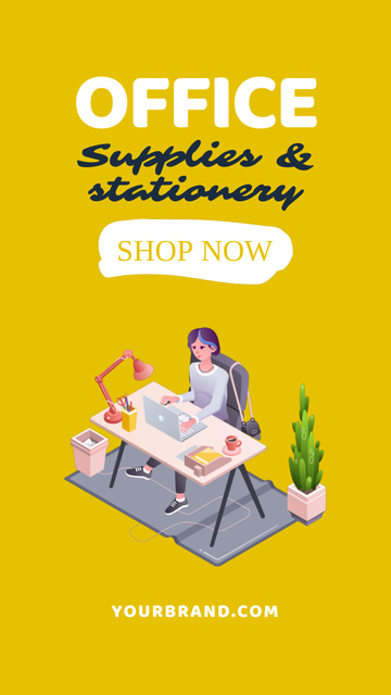 Designvorlage Office Supplies Store Ad with Illustration of Woman für Instagram Video Story