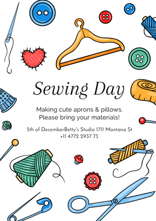 Sewing Day Announcement with Needlework Tools Poster Design Template