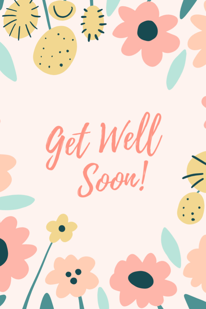 Template di design Get Well Soon Wish With Cute Illustrated Flowers Postcard 4x6in Vertical