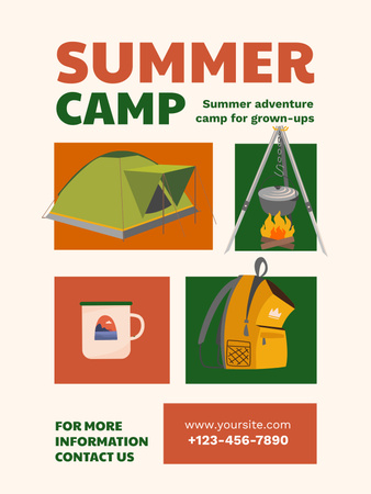 Designvorlage Sommercamp mit Illustration der Ausrüstung für Poster US