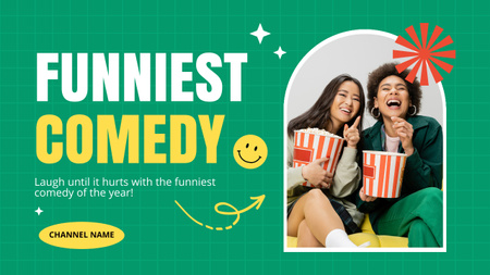 Designvorlage Ankündigung der lustigsten Komödie mit Leuten, die Popcorn essen für Youtube Thumbnail