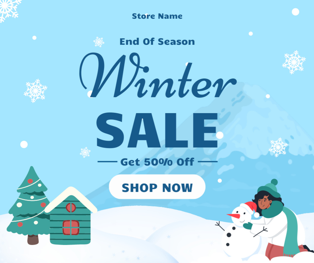 Christmas Sale Ad with Girl Making Snowman Facebook Design Template