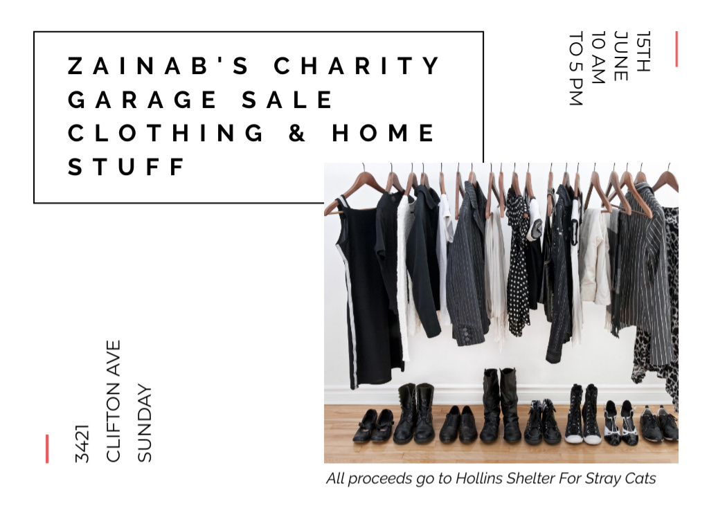 Plantilla de diseño de Charity Sale Announcement with Stylish Clothes Postcard 5x7in 
