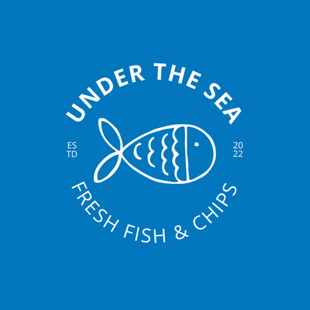 Seafood Shop Ad with Fish in Blue Logo Design Template