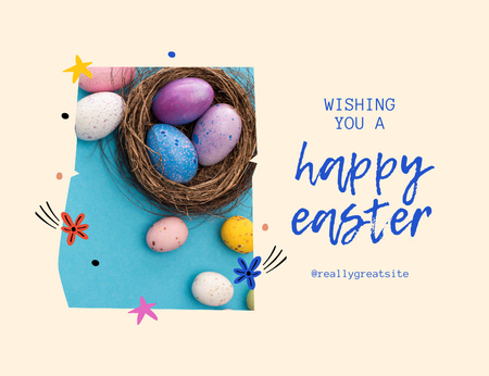 Easter Day Greetings with Traditional Decorative Eggs in Nest Thank You Card 5.5x4in Horizontal Design Template