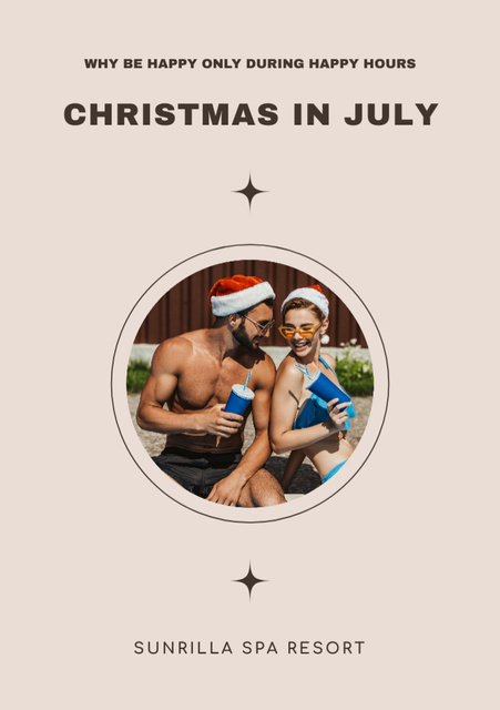 Young Couple Celebrating Christmas in July Postcard A5 Vertical Design Template