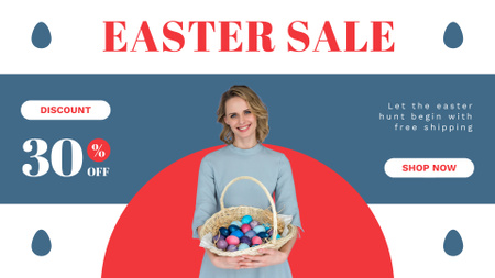 Modèle de visuel Vente de Pâques avec une femme tenant des oeufs teints dans un panier en osier - FB event cover