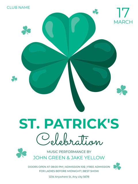 St. Patrick's Day Celebration Announcement with Clover Leaf Poster US Tasarım Şablonu