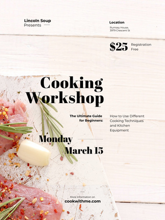 Cooking Workshop ad with raw meat Poster US Tasarım Şablonu