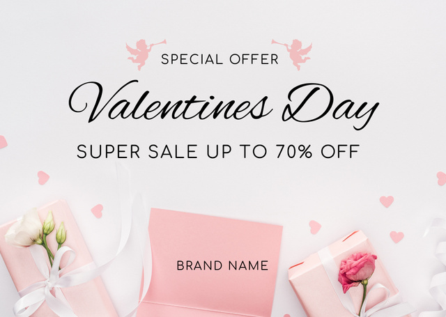 Valentine's Day Super Discount Announcement with Tender Flowers Card Modelo de Design