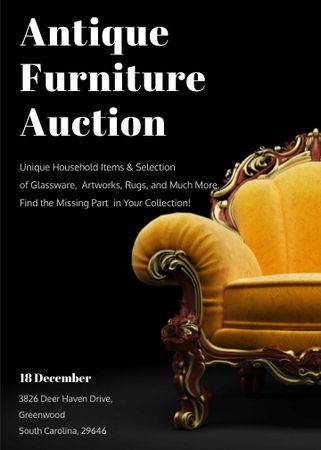 Antique Furniture Auction Luxury Yellow Armchair Flayer Modelo de Design