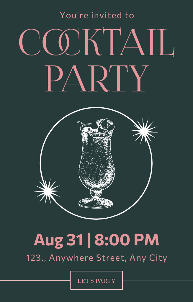 Cocktails and Drinks Party Ad on Dark Green Invitation 4.6x7.2in Design Template