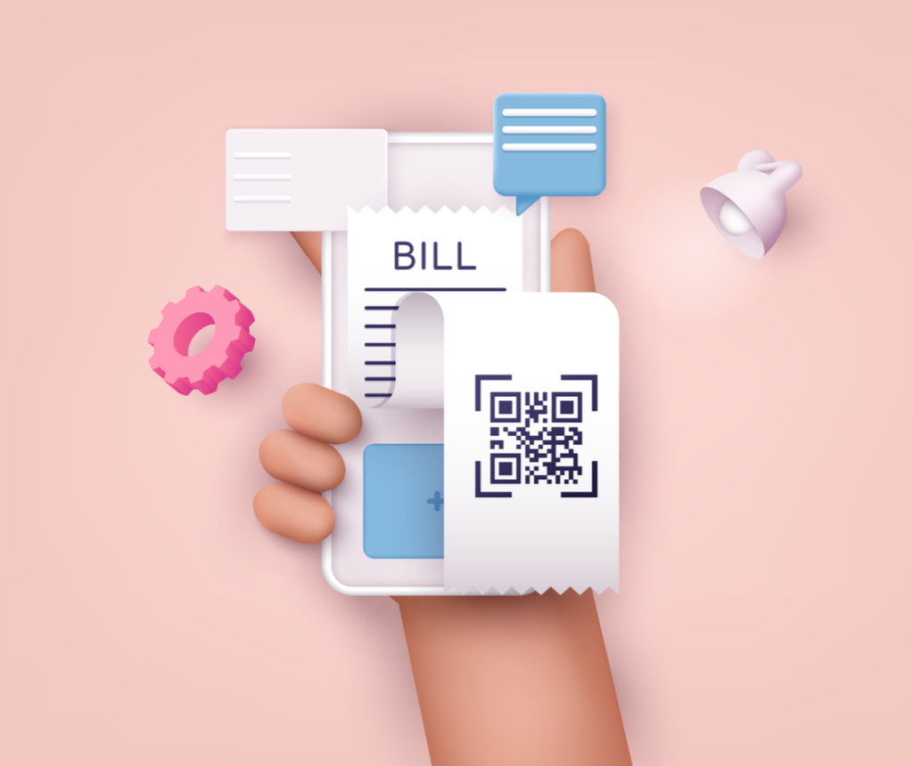 Designvorlage Bill on Phone screen with QR-code für Facebook