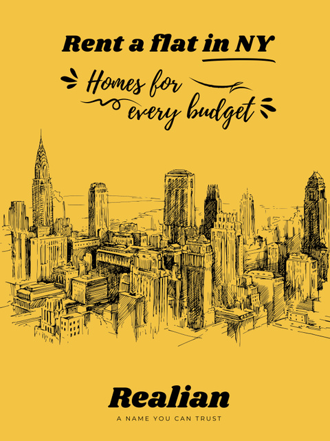 Contemporary Real Estate Ad with Sketch of Skyscrapers In Yellow Poster 36x48in – шаблон для дизайна